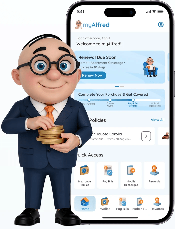 Alfred holding AlfredCoins beside the myAlfred app Alfred holding AlfredCoins beside the myAlfred app