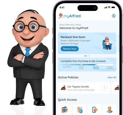 myAlfred App Preview Alfred character with myAlfred app preview