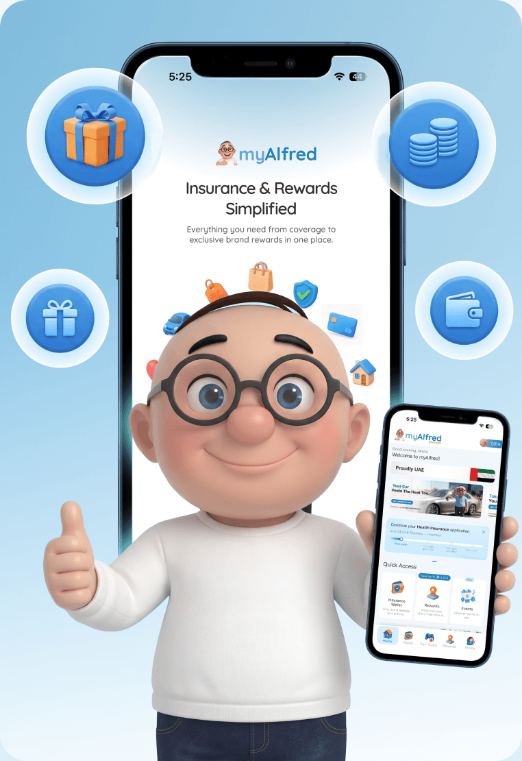 Alfred holding a phone showing the myAlfred app Alfred holding a phone showing the myAlfred app