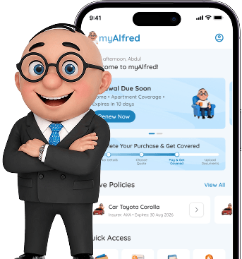 myAlfred App Preview Alfred character with myAlfred app preview